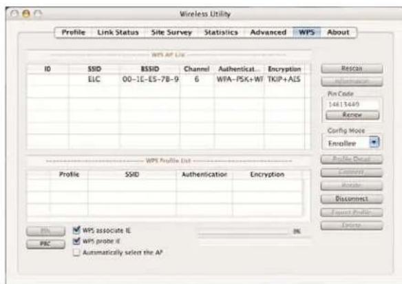 Wireless Utility Profile Link Status Site Survey Statistics Advanced WPS About WPS AP Link ID SSID BSSID Channel Authentication... Encryption ELC 00-1E-ES-7B-9 6 WPA-PSK+WY TKIP+ALS WPS Profile List Profile SSID-Augustentication Encryption WPS associate E WPS probe f Automatically select the AP Rescan Pin Code 14613649 Rename Config Mode Enrollee Profile Breakt Connects Remove Disconnects Export Profile Delete