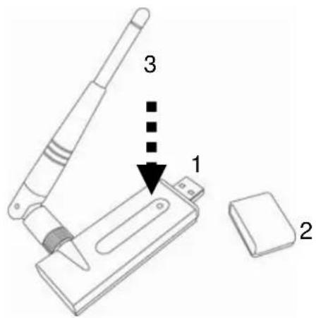 Diagram of a mechanical device with labeled parts 1, 2, and 3, showing a lever mechanism and a separate component.