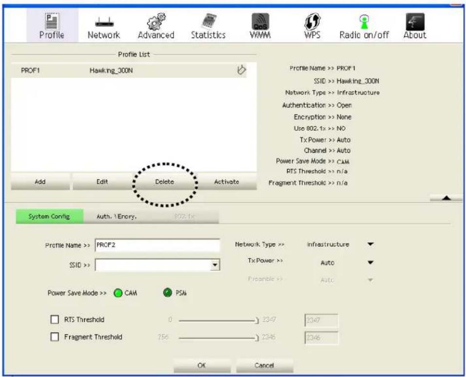 Profile Network Advanced Statistics WMM WPS Radio on/off About Profile List PROF1 Hawking_300N Add Edit Delete Activate Profile Name >> PROF1 SSID >> Hawking_300N Network Type >> Infrastructure Authentication >> Open Encryption >> None Use 802.1x >> NO Tx Power >> Auto Channel >> Auto Power Save Mode >> CAM RTS Threshold >> n/a Fragment Threshold >> n/a System Config Auth. \ Enory. 802.1x Profile Name >> PROF2 SSID >> Network Type >> Infrastructure Tx Power >> Auto Prescribe >> Auto Power Save Mode >> CAM PSA RTS Threshold 0 2347 2347 Fragment Threshold 256 2346 2346 OK Cancel