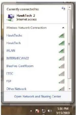 Currently connected to: HawkTech 2 Internet access Wireless Network Connection HawkTechc HawkTech WLAN INTERMECWA22 BlueFire-Con/Room ETEC FSP Other Network Open Network and Sharing Center 5:16 PM 3/1/2010
