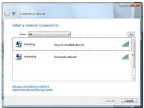 Connect to a network Select a network to connect to Show All Howling Security-enabled network Marketing Unsecured network Set up a connection to network Open Network and Sharing Centre Next Cancel