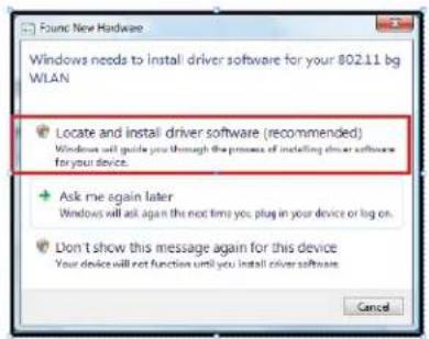 Find New Hardware Windows needs to install driver software for your 802.11 bg WLAN Locate and install driver software (recommended) Windows will guide you through the process of installing driver software for your device. Ask me again later Windows will ask again the next time you plug in your device or log on. Don't show this message again for this device Your device will not function until you install driver software Cancel