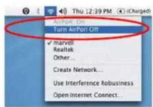 Thu 12:39 PM (Charged) AirPort On Turn AirPort Off marvell Realtek Other... Create Network... Use Interference Robustness Open Internet Connect...
