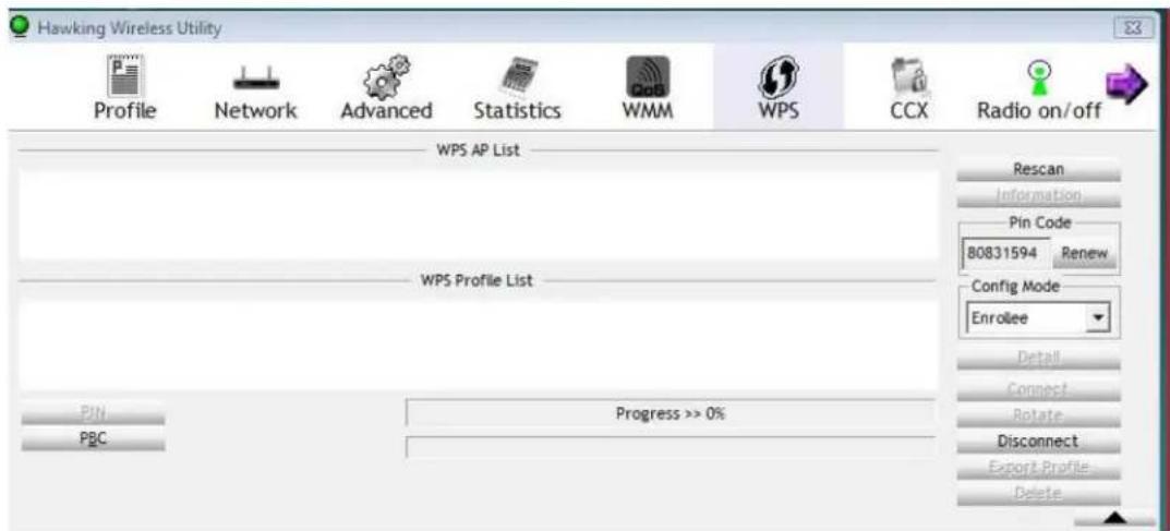 Hawking Wireless Utility Profile Network Advanced Statistics WMM WPS CCX Radio on/off WPS AP List WPS Profile List Pin Progress >> 0% PBC Rescan Information Pin Code 80831594 Renew Config Mode Enrollee Detail Connect Rotate Disconnect Export Profile Delete