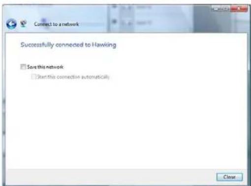 Connect to a network Successfully connected to Hawking Save this network Start this connection automatically Close