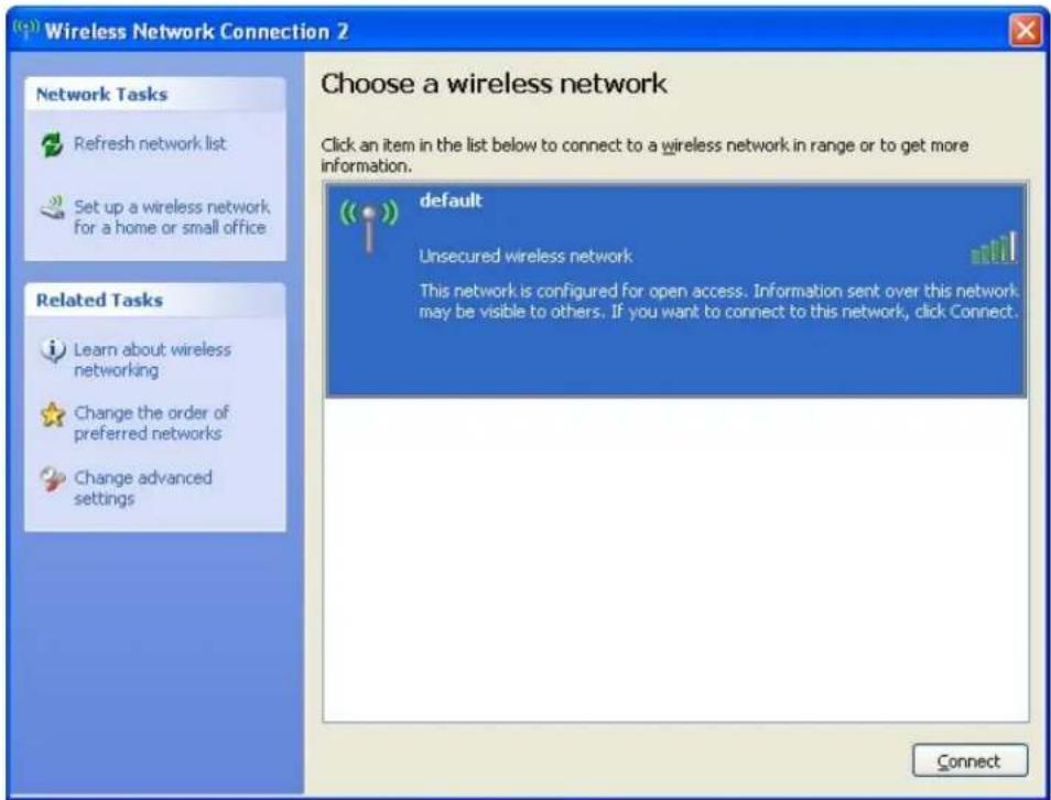 Wireless Network Connection 2 Choose a wireless network Click an item in the list below to connect to a wireless network in range or to get more information. default Unsecured wireless network This network is configured for open access. Information sent over this network may be visible to others. If you want to connect to this network, click Connect. Connect