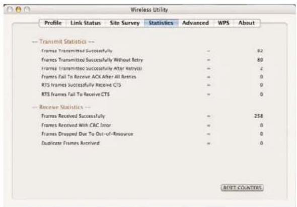 Wireless Utility Profile Link Status Site Survey Statistics Advanced WPS About -- Transmit Statistics -- Frames Transmitted Successfully - 82 Frames Transmitted Successfully Without Retry - 80 Frames Transmitted successfully After Retry(s) - 2 Frames Fail To Receive ACK After All Entries - 0 RTS frames Successfully Receive CTS - 0 RTS frames Fail To Receive CTS - 0 -- Receiver Statistics -- Frames Received Successfully - 258 Frames Received With CBC Error - 0 Frames Drugged Due To Out-of-Resource - 0 Duplicate Frames Received - 0 RESET COUNTERS