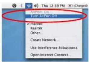 AirPort: On Turn AirPort Off ✓ marvell Realtek Other... Create Network... Use Interference Robusiness Open Internet Connect...