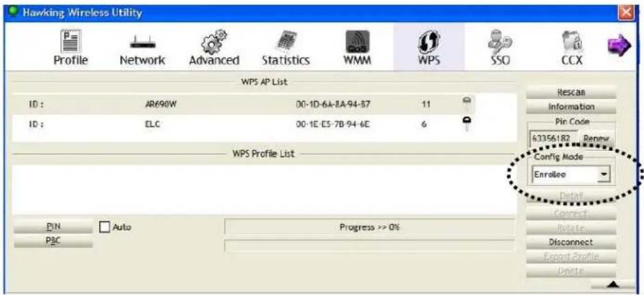 Hawking Wireless Utility Profile Network Advanced Statistics WMM WPS SSO CCX WPS AP List ID: AR690W 00-1D-6A-8A-94-87 11 ID: ELC 00-1E-E5-7B-94-6E 6 WPS Profile List Rescan Information Pin Code 63356182 Renov Config Mode Enrollee Detail Connect Rotate Disconnect Export Profile Delete PIN Auto Progress >> 0% P&C