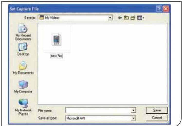Set Capture File Save in: My Videos My Recent Documents Desktop My Documents My Computer My Network Places new file File name: Save as type: Microsoft.AVI Save Cancel