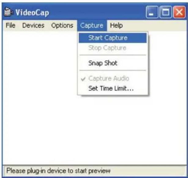VideoCap File Devices Options Capture Help Start Capture Stop Capture Snap Shot ✓ Capture Audio Set Time Limit... Please plug-in device to start preview