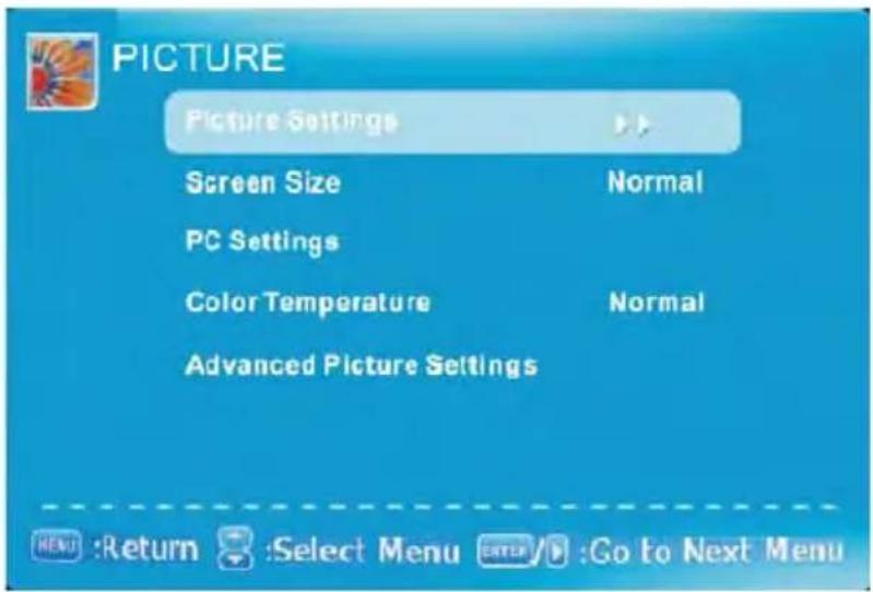 PICTURE Picture Settings Screen Size Normal PC Settings Color Temperature Normal Advanced Picture Settings MENU :Return Select Menu Enter / Go to Next Menu