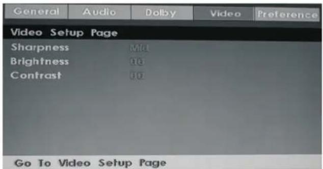 General Audio Dolby Video Preference Video Setup Page Sharpness M0 Brightness 90 Contrast 80 Go To Video Setup Page