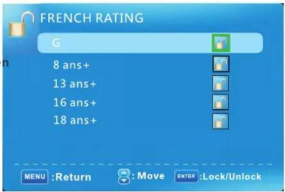 FRENCH RATING G 8 ans+ 13 ans+ 16 ans+ 18 ans+ MENU :Return :Move ENTER :Lock/Unlock
