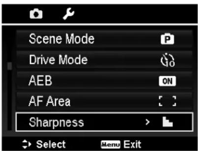 Scene Mode Drive Mode AEB AF Area Sharpness Select Menu Exit