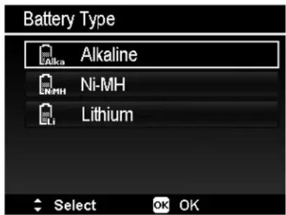 Battery Type Alkaline Ni-MH Lithium Select OK OK