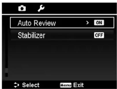 Auto Review > ON Stabilizer OFF Select Menu Exit