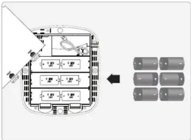 Diagram showing a device interior with labeled buttons and battery arrangement, including an arrow indicating direction.