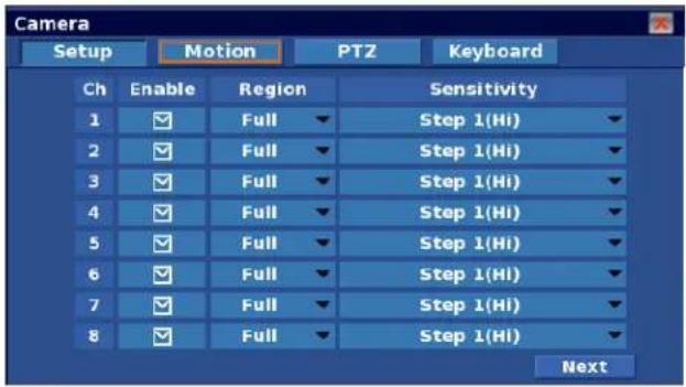Camera Setup Motion PTZ Keyboard Ch Enable Region Sensitivity 1 ✓ Full ✓ Step 1(Hi) 2 ✓ Full ✓ Step 1(Hi) 3 ✓ Full ✓ Step 1(Hi) 4 ✓ Full ✓ Step 1(Hi) 5 ✓ Full ✓ Step 1(Hi) 6 ✓ Full ✓ Step 1(Hi) 7 ✓ Full ✓ Step 1(Hi) 8 ✓ Full ✓ Step 1(Hi) Next