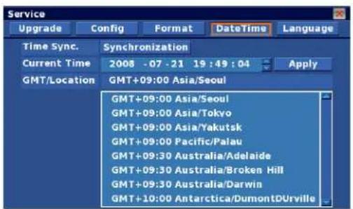 Service Upgrade Config Format DataTime Lambanguage Time Sync. Synchronization Current Time 2008 - 07 - 21 19 : 49 : 04 Apply GMT/Location GMT+09:00 Asia/Seoul GMT+09:00 Asia/Seoul GMT+09:00 Asia/Tokyo GMT+09:00 Asia/Yakutsk GMT+09:00 Pacific/Palau GMT+09:30 Australia/Adelaide GMT+09:30 Australia/Broken Hill GMT+09:30 Australia/Darwin GMT+10:00 Antarctica/DumontDUrville