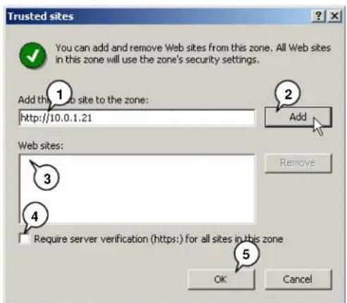 Trusted sites You can add and remove Web sites from this zone. All Web sites in this zone will use the zone's security settings. Add the Web site to the zone: http://10.0.1.21 Web sites: 3 4 Require server verification (https:) for all sites in this zone OK Cancel