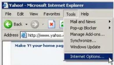 Yahoo! - Microsoft Internet Explorer File Edit View Favorites Tools Help Back Address http://www.yahoo.com Make Y! your home page Mail and News Pop-up Blocker Manage Add-ons... Synchronize... Windows Update Internet Options...
