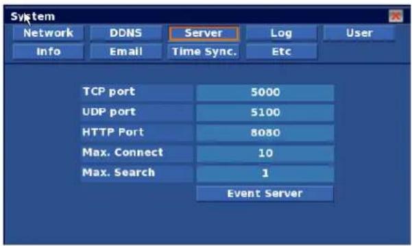 Sysktem Network DDNS Server Log User Info Email Time Sync. Etc TCP port 5000 UDP port 5100 HTTP Port 8080 Max. Connect 10 Max. Search 1 Event Server