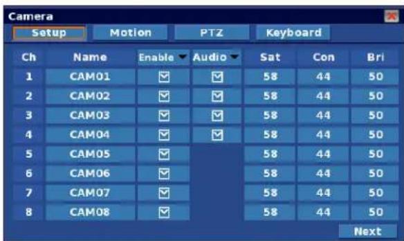 Camera Setup Motion PTZ Keyboard Ch Name Enable Audio Sat Con Bri 1 CAM01 ✓ ✓ 58 44 50 2 CAM02 ✓ ✓ 58 44 50 3 CAM03 ✓ ✓ 58 44 50 4 CAM04 ✓ ✓ 58 44 50 5 CAM05 ✓ 58 44 50 6 CAM06 ✓ 58 44 50 7 CAM07 ✓ 58 44 50 8 CAM08 ✓ 58 44 50 Next