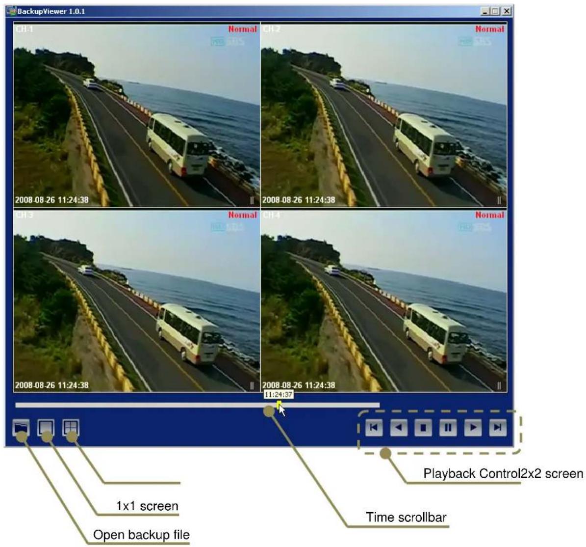 BackupViewer 1.0.1 CH-1 Normal CH-2 Normal 2008-08-26 11:24:38 2008-08-26 11:24:38 CH-3 Normal CH-4 Normal 2008-08-26 11:24:38 2008-08-26 11:24:38 11:24:37 Playback Control2x2 screen 1x1 screen Open backup file Time scrollbar