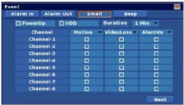 Event Alarm In Alarm Out Email Beep PowerUp HDD Duration 1 Min Channel Motion VideoLoss AlarIn Channel-1 □ □ □ Channel-2 □ □ □ Channel-3 □ □ □ Channel-4 □ □ □ Channel-5 □ □ □ Channel-6 □ □ □ Channel-7 □ □ □ Channel-8 □ □ □ Next
