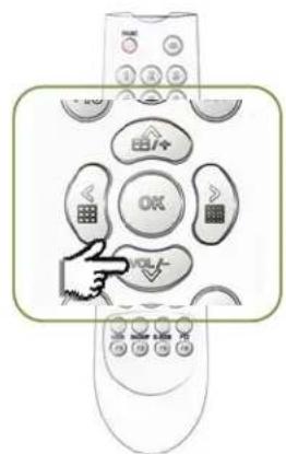 Diagram of a remote control with labeled buttons including OK, LOG, and VOLT symbols, and a hand pointing to the 'OK' button.