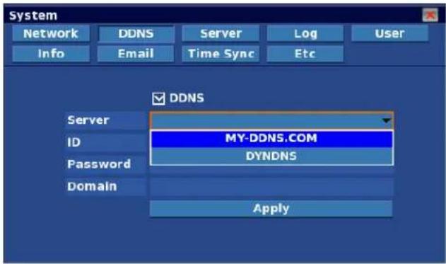 System Network DDNS Server Log User Info Email Time Sync Etc DDNS Server ID MY-DDNS.COM Password DYNDNS Domain Apply