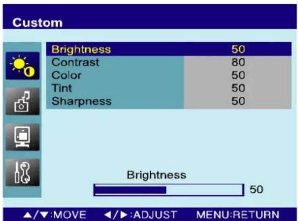 Custom Brightness 50 Contrast 80 Color 50 Tint 50 Sharpness 50 Brightness 50 ▲/▼:MOVE ◀/►:ADJUST MENU:RETURN