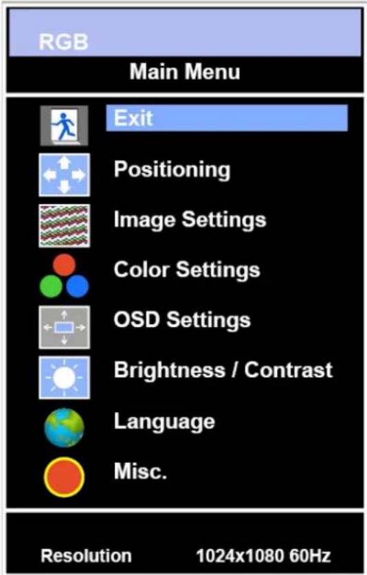 RGB Main Menu Exit Positioning Image Settings Color Settings OSD Settings Brightness / Contrast Language Misc. Resolution 1024x1080 60Hz