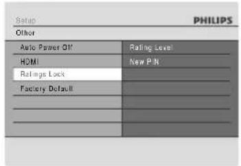Setup PHILIPS Other Auto Power Off Rating Level HDMI New PIN Ratings Lock Factory Default Factory Default Factory Default Factory Default Factory Default