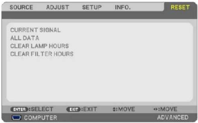 SOURCE ADJUST SETUP INFO. RESET CURRENT SIGNAL ALL DATA CLEAR LAMP HOURS CLEAR FILTER HOURS ENTER :SELECT EXIT :EXIT :MOVE :MOVE COMPUTER ADVANCED