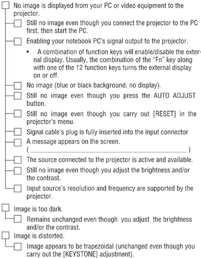No image is displayed from your PC or video equipment to the projector. Still no image even though you connect the projector to the PC first, then start the PC. Enabling your notebook PC's signal output to the projector. A combination of function keys will enable/disable the external display. Usually, the combination of the "Fn" key along with one of the 12 function keys turns the external display on or off. No image (blue or black background, no display). Still no image even though you press the AUTO ADJUST button. Still no image even though you carry out [RESET] in the projector's menu. Signal cable's plug is fully inserted into the input connector A message appears on the screen. (____) The source connected to the projector is active and available. Still no image even though you adjust the brightness and/or the contrast. Input source's resolution and frequency are supported by the projector. Image is too dark. Remains unchanged even though you adjust the brightness and/or the contrast. Image is distorted. Image appears to be trapezoidal (unchanged even though you carry out the [KEYSTONE] adjustment).