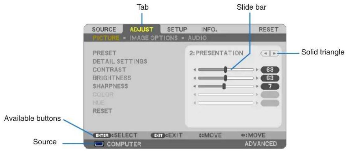 Tab Slide bar SOURCE ADJUST SETUP INFO. RESET PICTURE • IMAGE OPTIONS • AUDIO PRESET DETAIL SETTINGS CONTRAST BRIGHTNESS SHARPNESS COLOR HUE RESET 2: PRESENTATION Solid triangle Available buttons Source ENTER: SELECT EXIT: EXIT MOVE MOVE COMPUTER ADVANCED