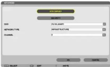ADVANCED SITE SURVEY SECURITY SSD PS-VR MANAPD NETWORK TYPE INFRAST STRUCTURE CHANNEL 3 OK CANCEL SELECT CERT MOVE