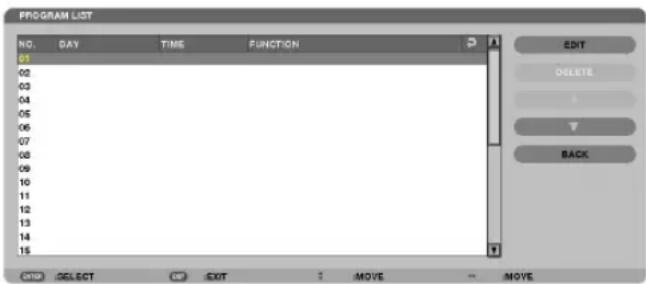 PROGRAM LIST NO. DAY TIME FUNCTION 01 02 03 04 05 06 07 08 09 10 11 12 13 14 15 EDIT DELETE BACK START SELECT EXIT MOVE MOVE