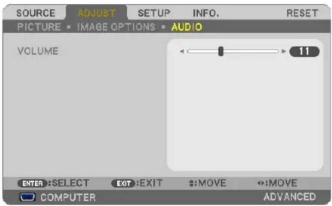 SOURCE ADJUST SETUP INFO. RESET PICTURE IMAGE OPTIONS AUDIO VOLUME 11 ENTER:SELECT EXIT:EXIT MOVE MOVE COMPUTER ADVANCED