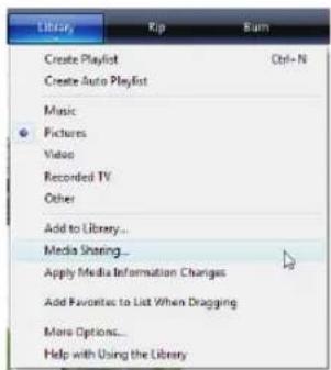 Library Create Playlist Create Auto Playlist Music Pictures Video Recorded TV Other Add to Library... Media Sharing... Apply Media Information Changes Add Favorites to List When Dragging More Options... Help with Using the Library