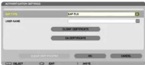 AUTHORIZATION SETTINGS API TYPE EAP-TLS USER NAME CLIENT CERTIFICATE CA CERTIFICATE CNEAP CERTIFICATE OK CANCEL SELECT EDIT MOVE