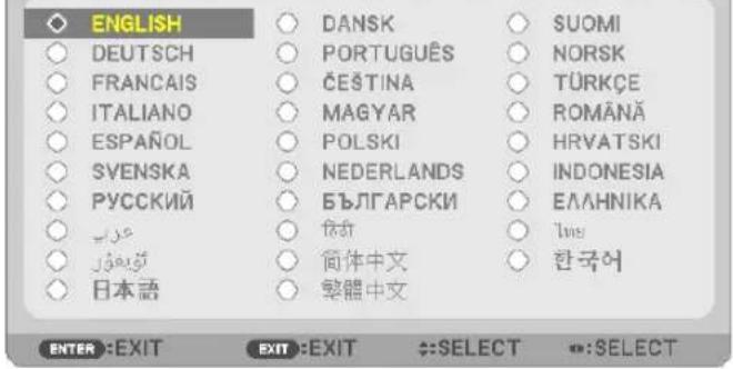 ENGLISH DEUTSCH FRANCAIS ITALIANO ESPAÑOL SVENSKA PYCCKIÑ الله الله 日本語 DANSK PORTUGUÊS ČEŠTINA MAGYAR POLSKI NEDERLANDS БЪЛГАРСКИ شرا 简体中文 繁體中文 SUOMI NORSK TÜRKÇE ROMÄNÄ HRVATSKI INDONESIA ЕЛАННИКА الله 한국어 ENTER :EXIT EXIT :EXIT :SELECT :SELECT
