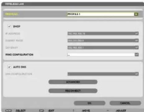 WIRELESS LAN PROFILE 1 SHOP IF ADDRESS: 102.000.100.10 ADDRESS NAME: 102.000.100.9 SARROW: 102.000.100.1 WINS CONFIGURATION: AUTO DNS LINES CONFIGURATION: ADAMERS RECONNECT OK CANCEL SELECT EXIT MOVE ABOUT