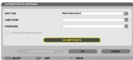 AUTHENTICATION SETTINGS S&P TYPE LGER NAME PASSWORD □ SEE THE AUTHENTICATION CA CERTIFICATE CLEAR CERTIFICATE OK CANCEL SELECT EXIT MOVE