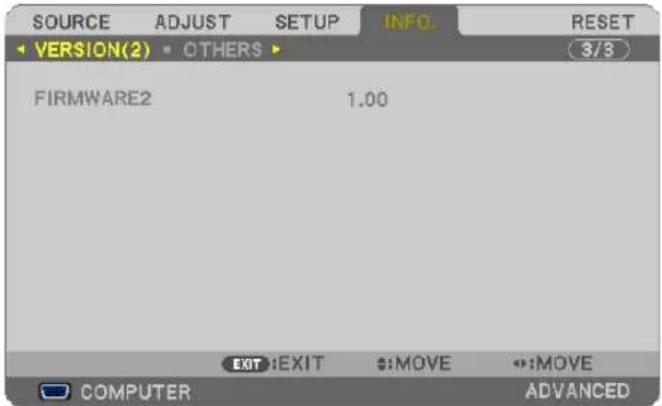 SOURCE ADJUST SETUP INFO RESET VERSION(2) OTHERS 3/3 FIRMWARE2 1.00 EXIT:EXIT $:MOVE ↔:MOVE COMPUTER ADVANCED