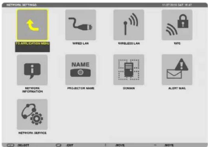 NETWORK SETTINGS 11/27/2010 SAT 10:47 TO APPLICATION MENU WIRED LAN WIRELESS LAN WIPS NETWORK INFORMATION NAME PROJECTOR NAME DOMAIN ALERT MAIL NETWORK SERVICE