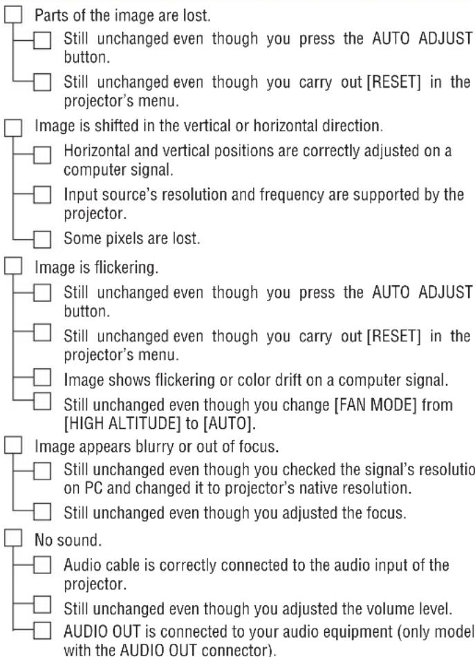 Parts of the image are lost. Still unchanged even though you press the AUTO ADJUST button. Still unchanged even though you carry out [RESET] in the projector's menu. Image is shifted in the vertical or horizontal direction. Horizontal and vertical positions are correctly adjusted on a computer signal. Input source's resolution and frequency are supported by the projector. Some pixels are lost. Image is flickering. Still unchanged even though you press the AUTO ADJUST button. Still unchanged even though you carry out [RESET] in the projector's menu. Image shows flickering or color drift on a computer signal. Still unchanged even though you change [FAN MODE] from [HIGH ALTITUDE] to [AUTO]. Image appears blurry or out of focus. Still unchanged even though you checked the signal's resolution on PC and changed it to projector's native resolution. Still unchanged even though you adjusted the focus. No sound. Audio cable is correctly connected to the audio input of the projector. Still unchanged even though you adjusted the volume level. AUDIO OUT is connected to your audio equipment (only models with the AUDIO OUT connector).