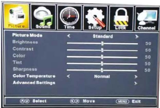 Picture Sound Time Setup Lock Channel Picture Mode Standard Brightness 50 Contrast 50 Color 50 Tint 50 Sharpness 50 Color Temperature Normal Advanced Settings Select Move MENU Exit